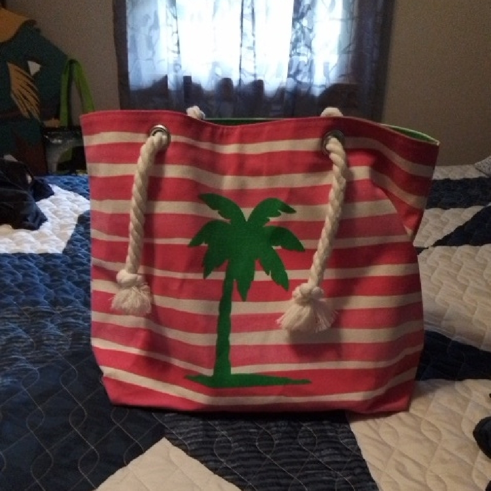 Tropical Pink and White Tote with Green Palm Design